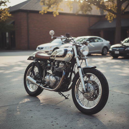 imagen para foto de perfil de instagram hecha con un iphone donde aparezca en un parking una moto estilo cafe racer.