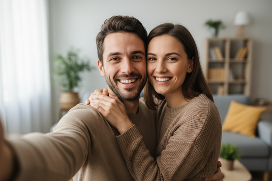 una foto modo selfi de una pareja abranzandose